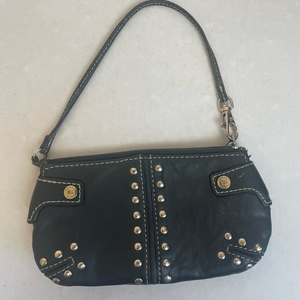 Michael Kors MK black leather silver studded wristlet wallet